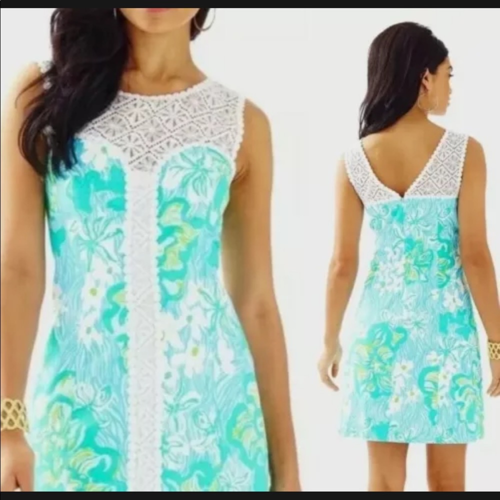 Lilly Pulitzer Womens Dress Size 4 Sofia Lace Shift Blue Green White Floral
